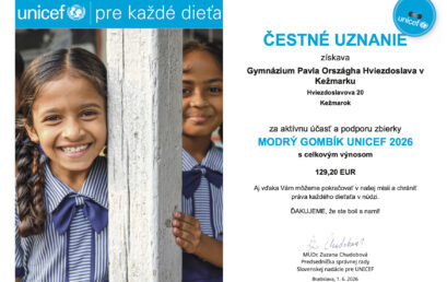 Gymnázium POH podporilo zbierku Modrý gombík UNICEF 2026